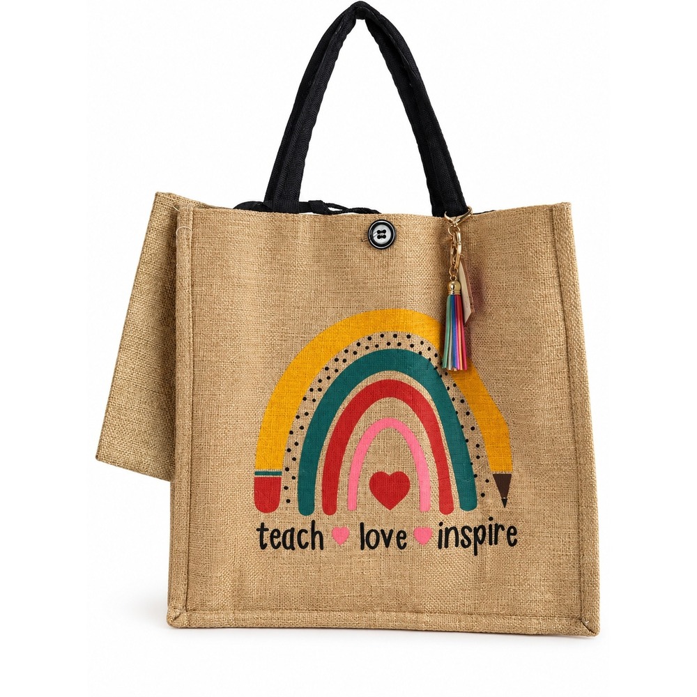 Teacher Tote Bag Teach Love Inspire Rainbow Burlap Style Large Bag